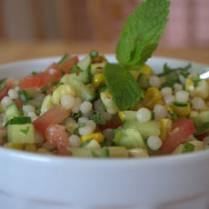 Minty Fregola & grilled corn salad