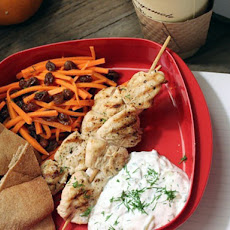 Chicken Kebab with Carrot-Raisin Salad and Greek Yogurt Sauce (Tzatziki)