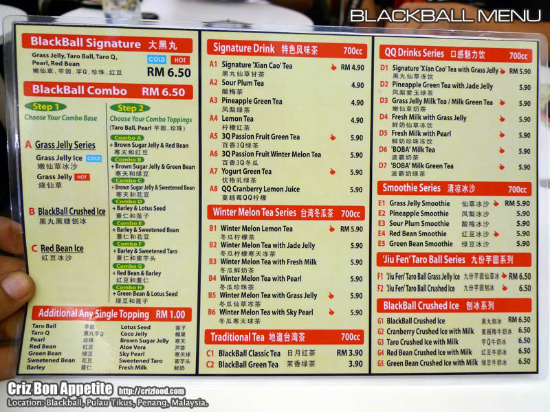 Blackball Menu Blackball (Original Taiwanese Tea & Dessert