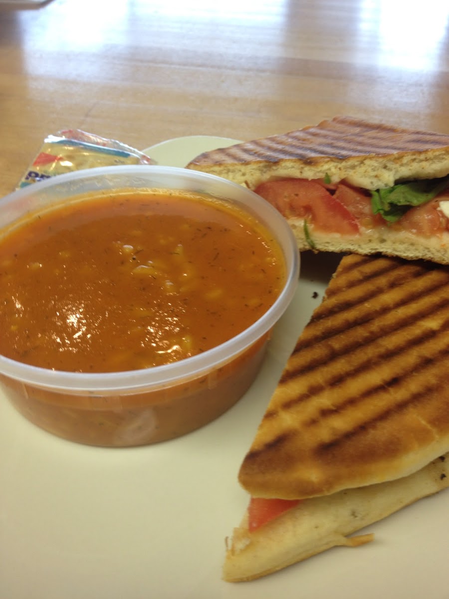Tomato, dill and rice soup.  San Francisco panini, both GF