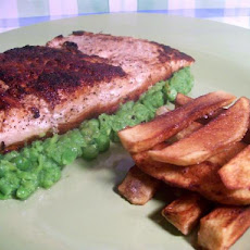 Cajun Blackened Salmon With Pureed Peas and Door Stop Fries