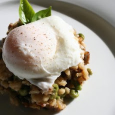 Farro Risotto with Sausage, Mushroom, Peas, and a Poached Egg