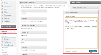 Screenshot WordPress Text-Widget Mit Hilfe des Text-Widgets eine eigene Navigation erstellen