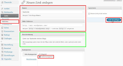 Screenshot WordPress Administration Add New Füge nacheinander alle Links hinzu (Zum Vergrößern klicken)
