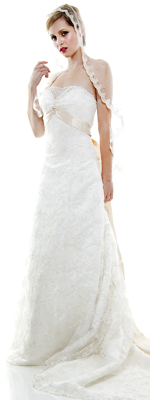 Ivory Lace Strapless Vintage Style Wedding Gown with Champagne Sash 
