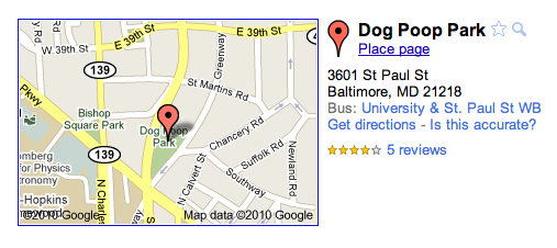 Dog Poop Park on Google Maps