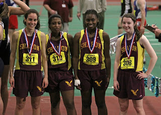 SHS 4 x 200m advances to the New England Indoor Championships (l to r) Ali Kirsch, Jen Jaboin, Camille Henry & Sara Gildersleeve