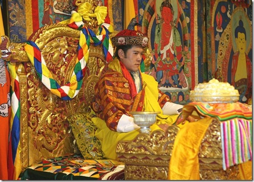 His Majesty Jigme Khesar Namgyel Wangchuck, the Fifth King of Bhutan wearing the Raven Crown.
