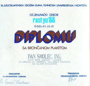 Diploma s brončanom plaketom - RAST YU 88