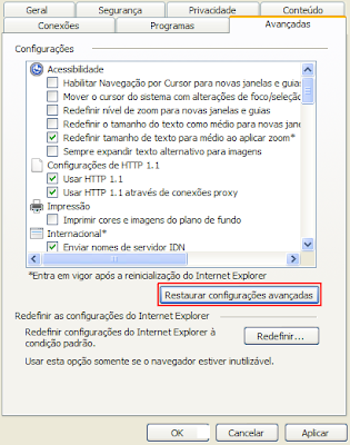como resetar as configurações do Internet Explorer