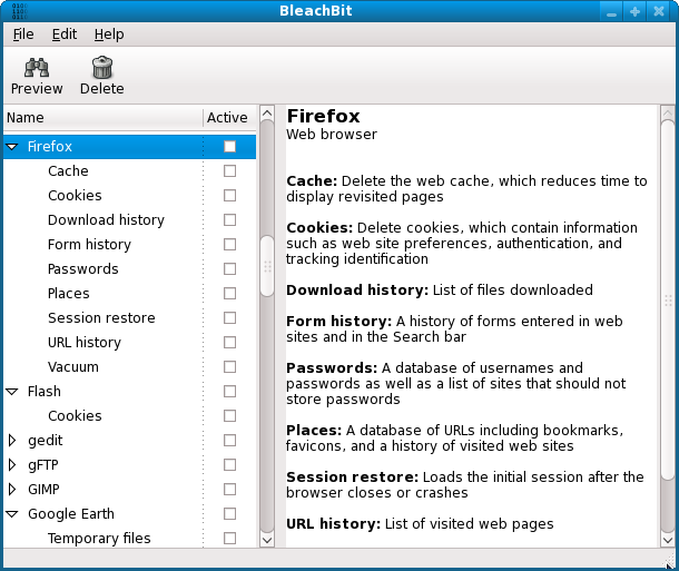 BleachBit 0.6.4 screenshot on Fedora 11 (Leonidas) in English showing Firefox