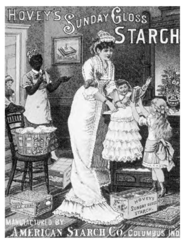 Nineteenth-century advertisement for starch. In addition to their role in the human diet, starches are put to numerous commercial uses, for example, as thickening agents for food, in the production of cardboard, and in various phases of the garment industry to impart stiffness to fabrics.