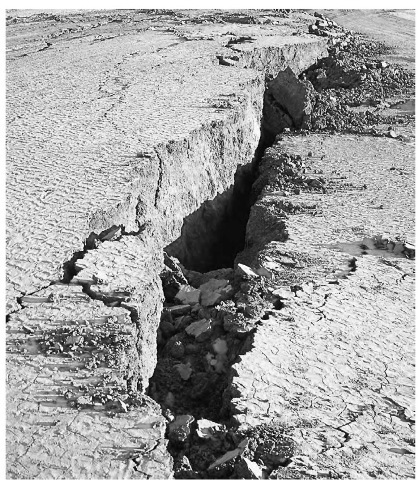 A chasm along a fault scarp in San Bernardino County, California.