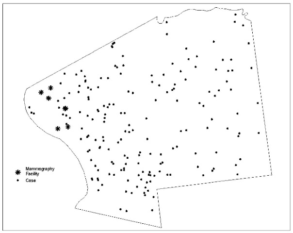 Dot map depicting the locations of late-stage breast cancer cases and mammography facilities in Springfield, Massachusetts