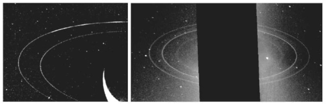 (Left) [JPL P35060]. Three clumps, or ring arcs, are visible in this view of Neptune's outermost Adams ring, imaged by Voyager 2 in August 1989. (Right) [JPL P35023]. This pair of Voyager 2 clear-filter images shows the ring system at the highest sensitivity and at a phase angle of 134°. The brighter, narrow rings are the Adams and Le Verrier rings. Extending out from the Le Verrier ring is the diffuse Lassell ring. The inner medium width ring is the Galle ring. The ring arcs seen in the left-hand image were in the blacked out region between these more sensitive images.