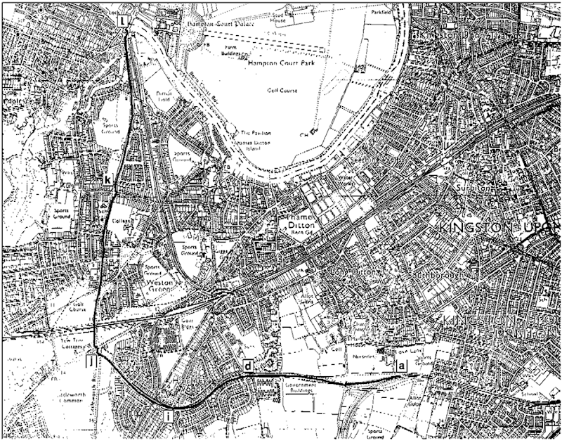 Section of Ordnance Survey map showing route of vehicle as determined from the tachograph recording in Figure 6.