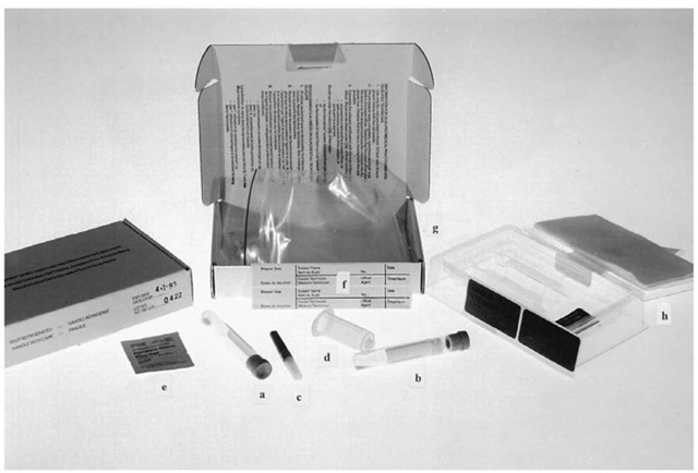 Blood collection kit with two vacuumblood tubes (a, b), sterile needle (c), needle holder (d), nonalcoholic swab (e), seals (f) and packaging (g, h).