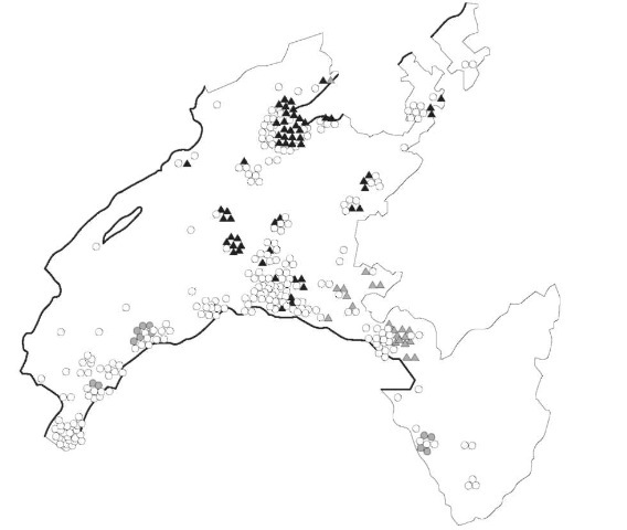 Result of the systematic comparison of shoemarks in the canton of Vaud, during the winter of 1997-1998. Each circle (or triangle) represents a case. White circles indicate that no information was found at the scene, or no linkage was possible on the basis of the collected information. Cases identified by the same symbols (in both shape and tone) have been assumed to belong to the same series. This representation gave an accurate picture of what had happened during the period of time under review.