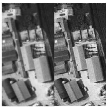 Farm buildings shown in Fig. 1: enlargement by cubic convolution (left); result of edge detection and edge sharpening (right).