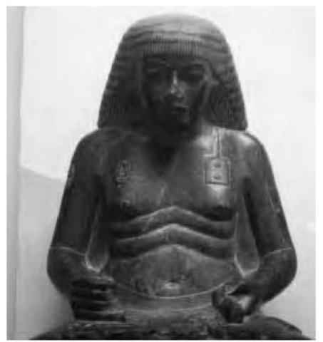 A statue of the famed sage Amenhotep, Son of Hapu; he is distinctive because of his flowing hair; now in the Egyptian Museum, Cairo. (S. M. .)