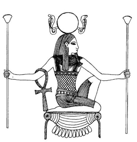 Heh, the god of eternity, shown seated on a sacred djeba, or perch, carrying rods of life and the ankh, the symbol of life. He wears a solar disk, surmounted by cobras, the protectors of Lower Egypt and the kings of Egypt.