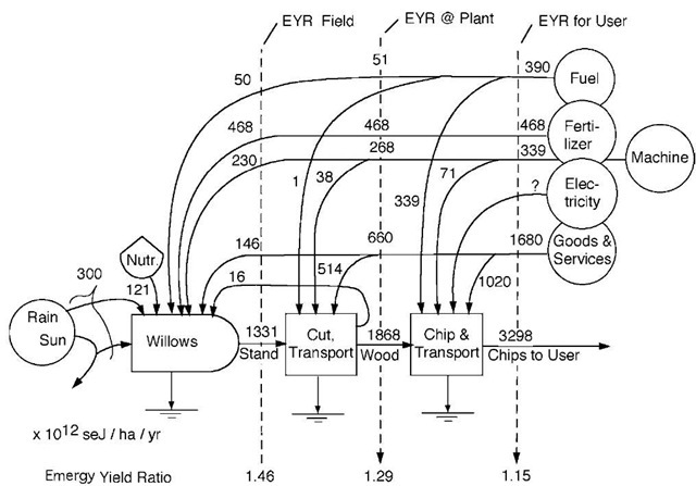 EYR of fast growing willow crop used as a feed stock for electric production. At each step in the process an EYR can be calculated if all the inputs are known (dashed lines). The final EYR (at the right) is the ratio that the user receives. 