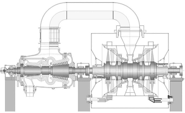 Arrangement of 2 cylinder up to 500 MW, 177 bar, 600°C, reheat steam turbine. 