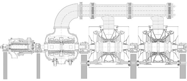 Section of 4 cylinder up to 1200 MW, 300 bar 600°C, reheat steam turbine. 