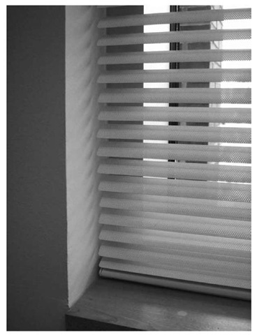 Venetian Blinds: typical example of the manually controlled interior shading devices. The slats are made of perforated aluminum. 
