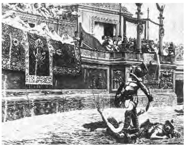 Illustration published in 1958 of a victorious gladiator standing over his defeated opponent as the crowd gives the thumbs down, indicating death, at the Colosseum in Rome. 