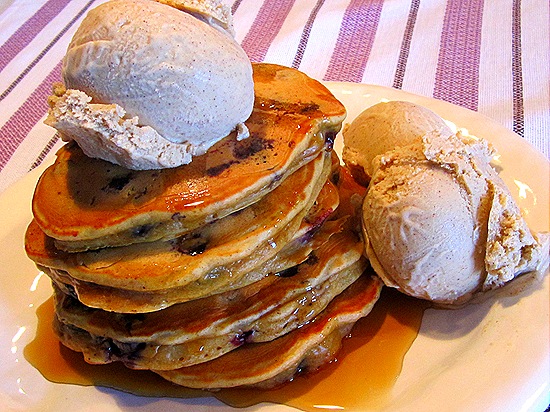 Blueberry-Gingerbread Pancakes with Maple Syrup & Cinnamon Ice Cream