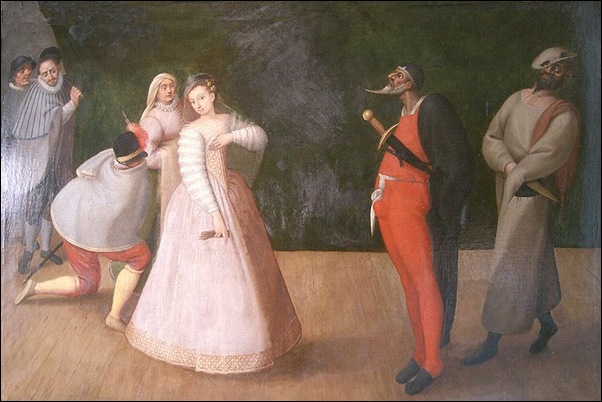 Représentation de commedia dell’arte, fin du xvie siècle. Représentation de commedia dell’arte, fin du xvie siècle.