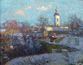 Борисов Валентин Иванович К весне (Колокольня храма Богородицы Всех скорбящих Радость на Большой Ордынке), холст, масло, 30х40 см., 1993 г.
