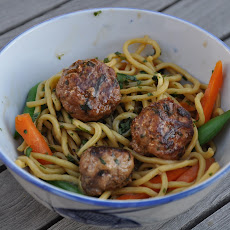 Meatballs with Chinese Celery over Noodles in Lemongrass Miso Sauce