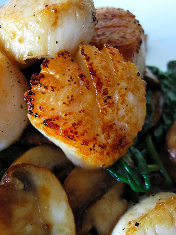 Secret Ingredient Sauteed Scallops with Mushrooms and Spinach