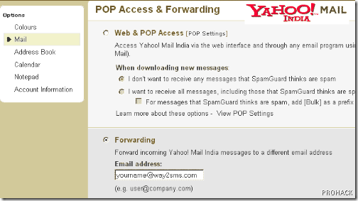 Forward Yahoo Emails to way2sms