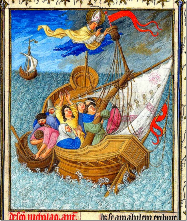 ‘Saint Nicholas Saves Travelers at Sea’ from The Belles Heures of Jean de France illustrated by the Limbourg brothers, 1405–1409
