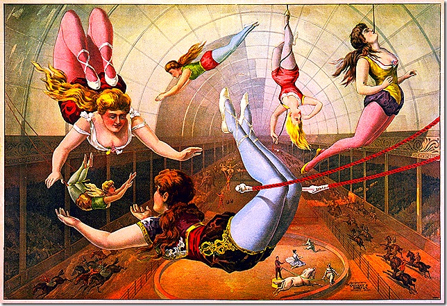 Female acrobats on trapezes at circus. Hand-colored lithograph by the Copyright by the Calvert Litho. Co., Detroit, Michigan, ca. 1890.