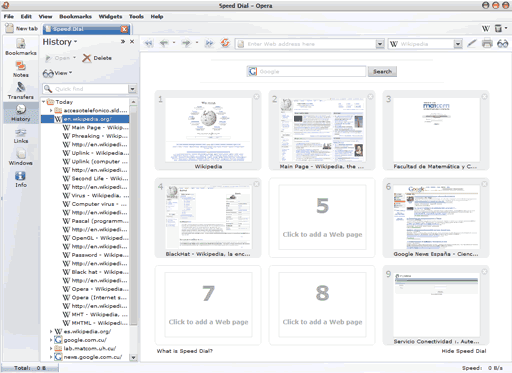 Interfaz gráfica de Opera 9.22 desde MacOS con el Speed Dial y el historial abiertos.