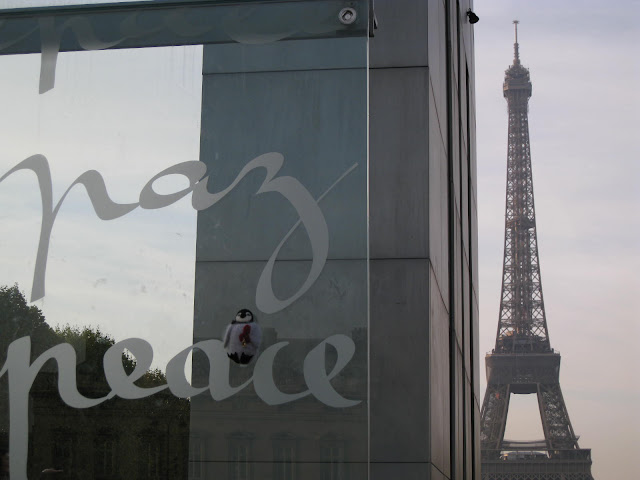 And here Percy arrives at the beautiful Eiffel Tower (where incidentally his host parents got engaged and thus have some freakish obsession with it.  As Percy wears Peace on his heart I could think of no better representation of his visit to Paris then a shot of him & the Peace monument.
