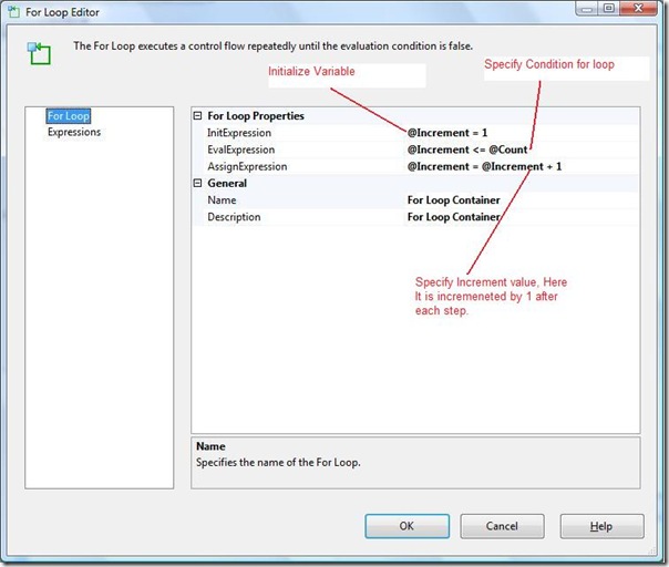 SSIS For Loop Container editor