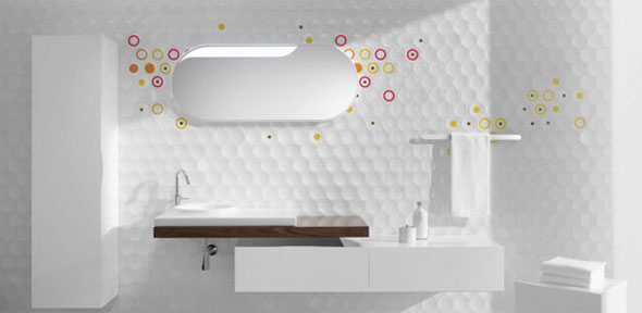 white modern bathroom dot wall treatments and cabinetry