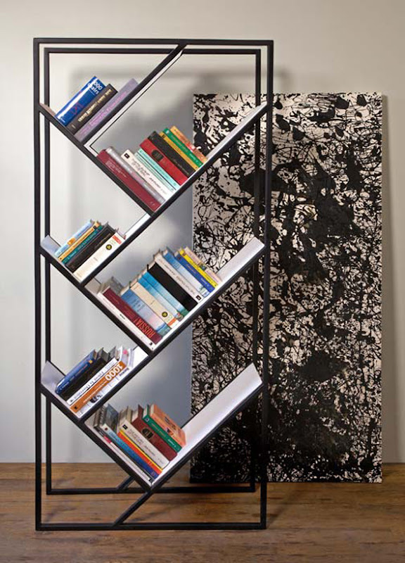 Contemporary Steel Bookcase Furniture Design with Corian or Bamboo Shelves by Faktura