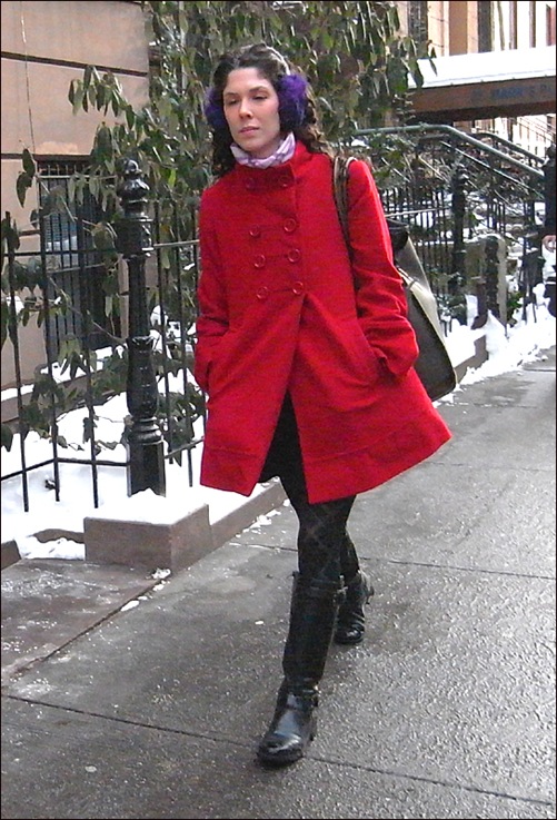w red coat blk boots earmuffs