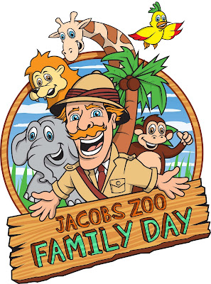 Cartoon image showing safari explorer with elephant, lion, giraffe, monkey and bird in the background