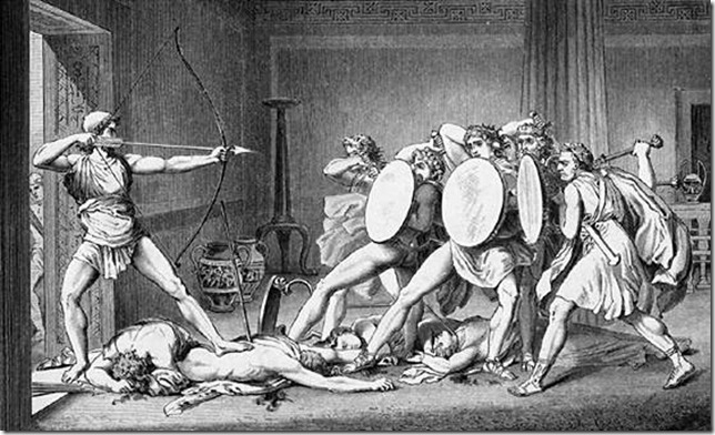 Odysseus slaying his wife's suitors after returning to Ithaka. Odysseus slaying his wife's suitors after returning to Ithaka.