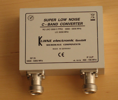 Close-up the KU LNC 5659 C PRO low noise downconverter (LNC) from Kuhne Electronic.