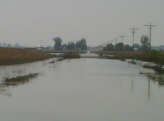 Pella FD, Pella Ambulance, Marion County Sheriff's Office, and Jasper County Sheriff's Office can be seen in the distance assisting a woman who entered flood waters of the South Skunk River north of Pella.