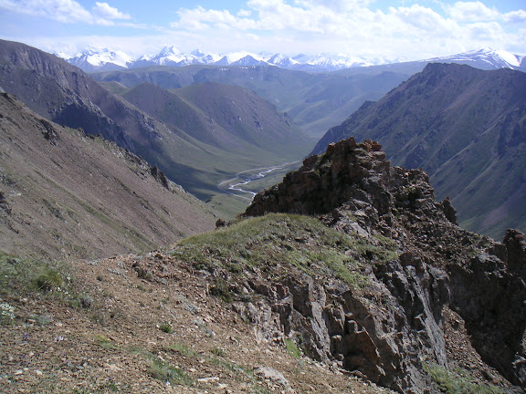 Vallée de la rivière Ottuk en direction de la vallée de la Sary-Jaz, au Sud-Est du col Chongashuu (Karakol E), Terskei Ala Too, Kirghizstan, 7 juillet 2006. F. Michel. À l’arrière plan : la chaîne du Sary-Jaz.