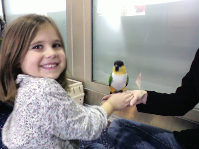 Mia and a bird at the airport.